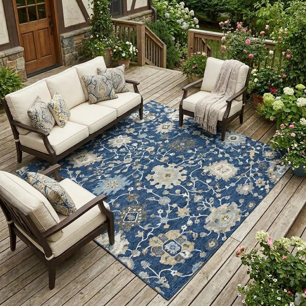 10' X 14' Navy Blue And Blue Floral Washable Indoor Outdoor Area Rug Homeroots Outdoor