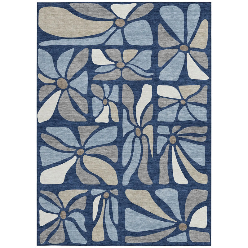 10' X 14' Navy Blue And Blue Floral Washable Indoor Outdoor Area Rug Homeroots Outdoor