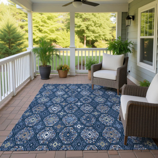 10' X 14' Navy Blue And Blue Geometric Washable Indoor Outdoor Area Rug Homeroots Outdoor