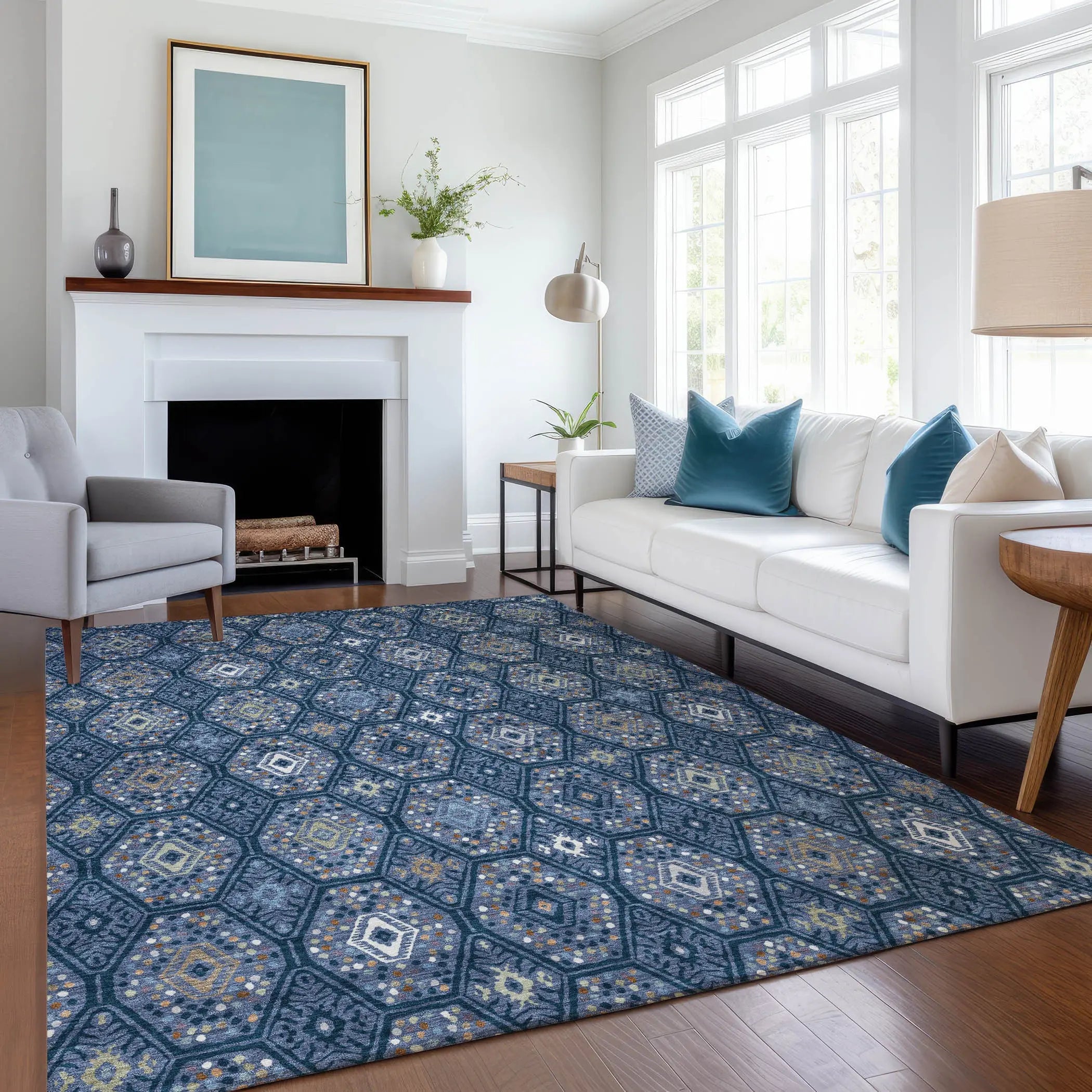 10' X 14' Navy Blue And Blue Geometric Washable Indoor Outdoor Area Rug Homeroots Outdoor