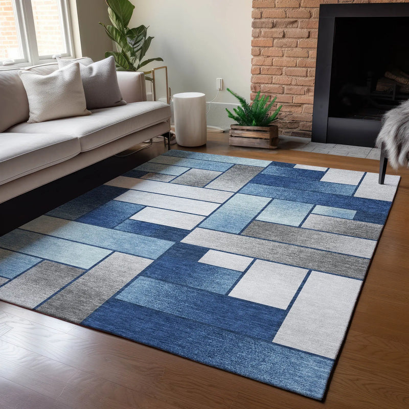 10' X 14' Navy Blue And Blue Geometric Washable Indoor Outdoor Area Rug Homeroots Outdoor