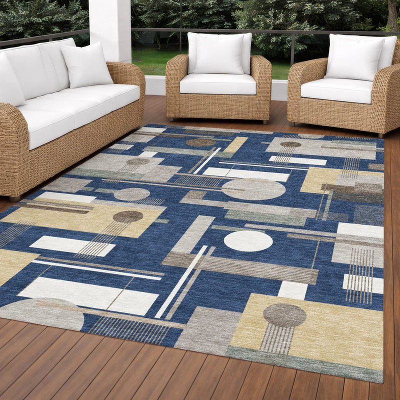 10' X 14' Navy Blue And Blue Geometric Washable Indoor Outdoor Area Rug Homeroots Outdoor