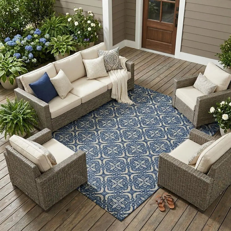 10' X 14' Navy Blue And Blue Geometric Washable Indoor Outdoor Area Rug Homeroots Outdoor