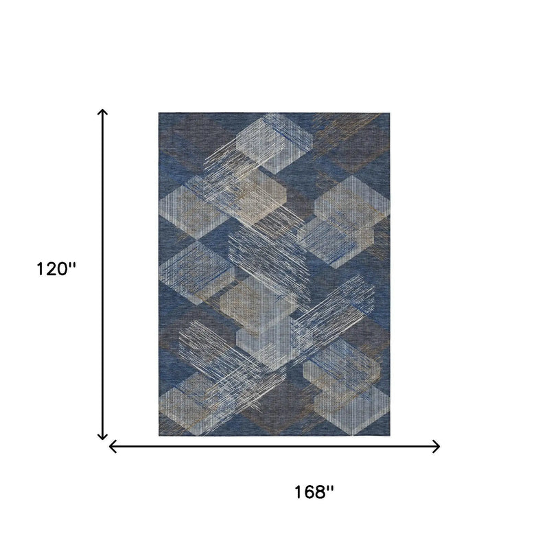 10' X 14' Navy Blue And Blue Geometric Washable Indoor Outdoor Area Rug Homeroots Outdoor