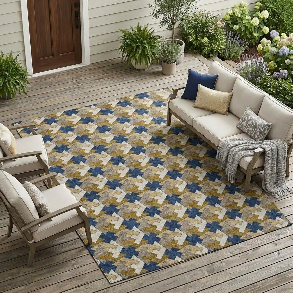 10' X 14' Navy Blue And Blue Geometric Washable Indoor Outdoor Area Rug Homeroots Outdoor