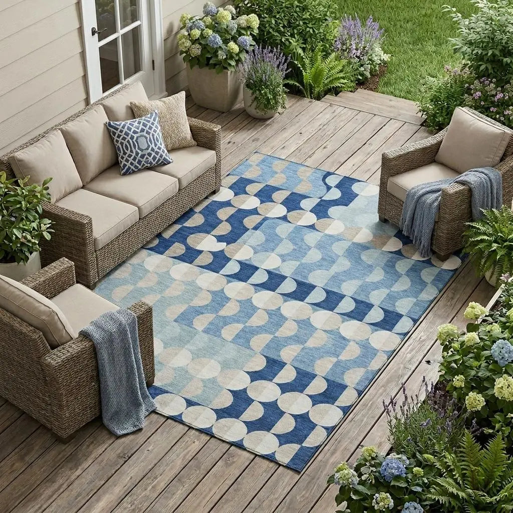 10' X 14' Navy Blue And Blue Geometric Washable Indoor Outdoor Area Rug Homeroots Outdoor
