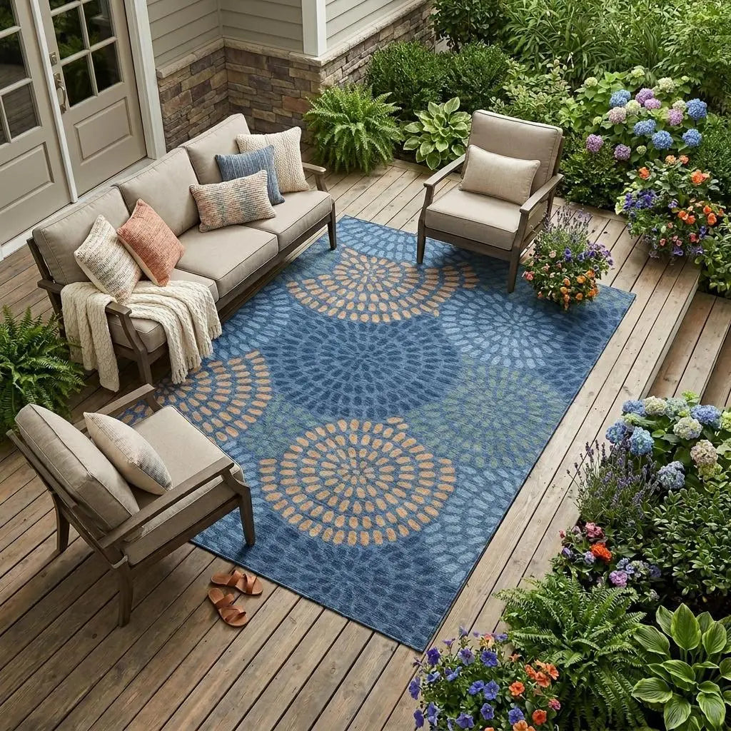 10' X 14' Navy Blue And Blue Geometric Washable Indoor Outdoor Area Rug Homeroots Outdoor