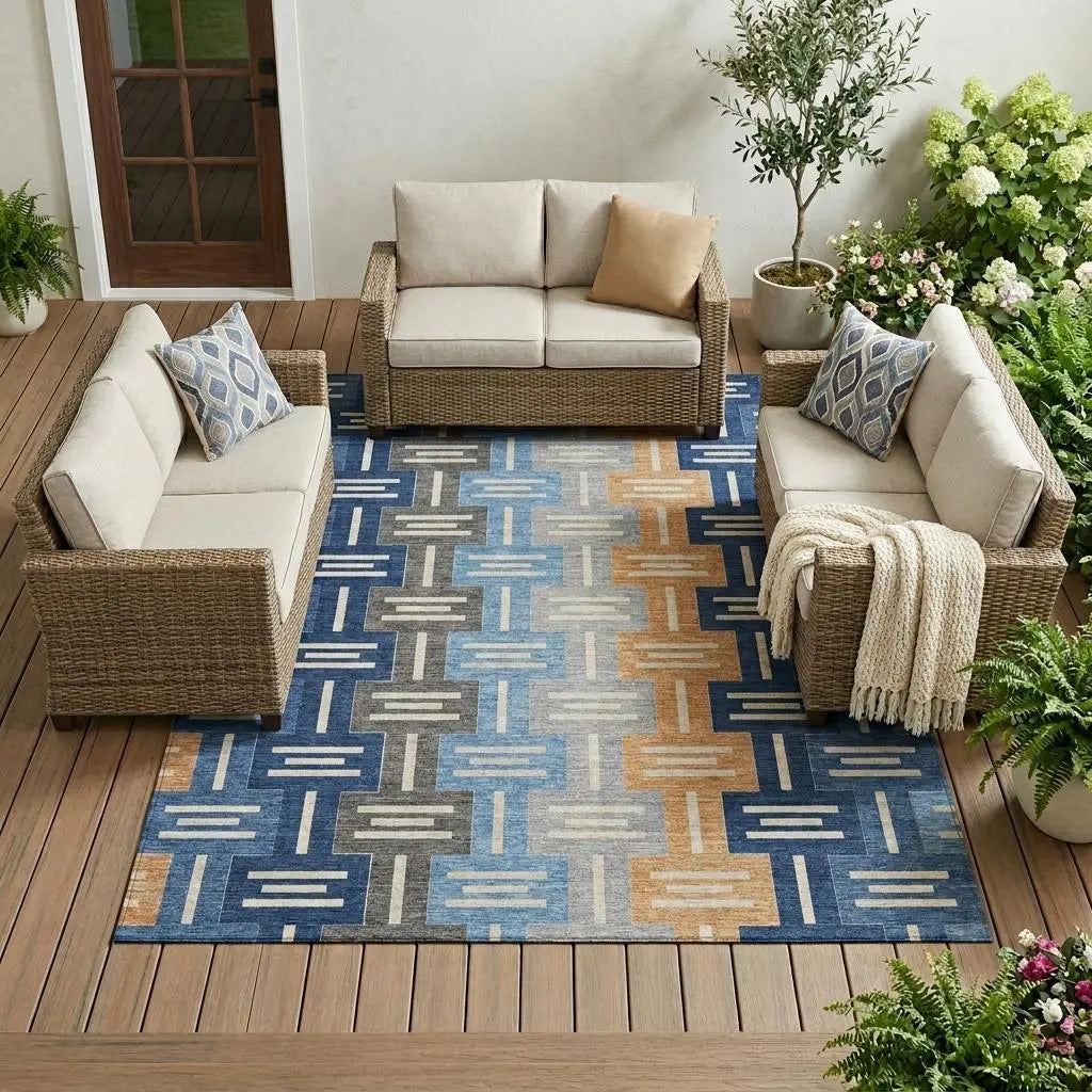 10' X 14' Navy Blue And Blue Geometric Washable Indoor Outdoor Area Rug Homeroots Outdoor