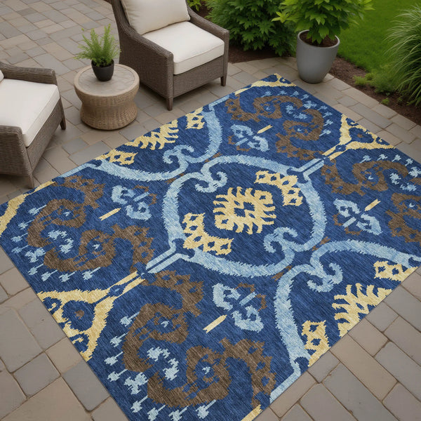 10' X 14' Navy Blue And Blue Ikat Washable Indoor Outdoor Area Rug Homeroots Outdoor
