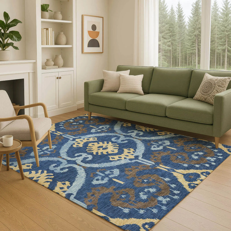 10' X 14' Navy Blue And Blue Ikat Washable Indoor Outdoor Area Rug Homeroots Outdoor