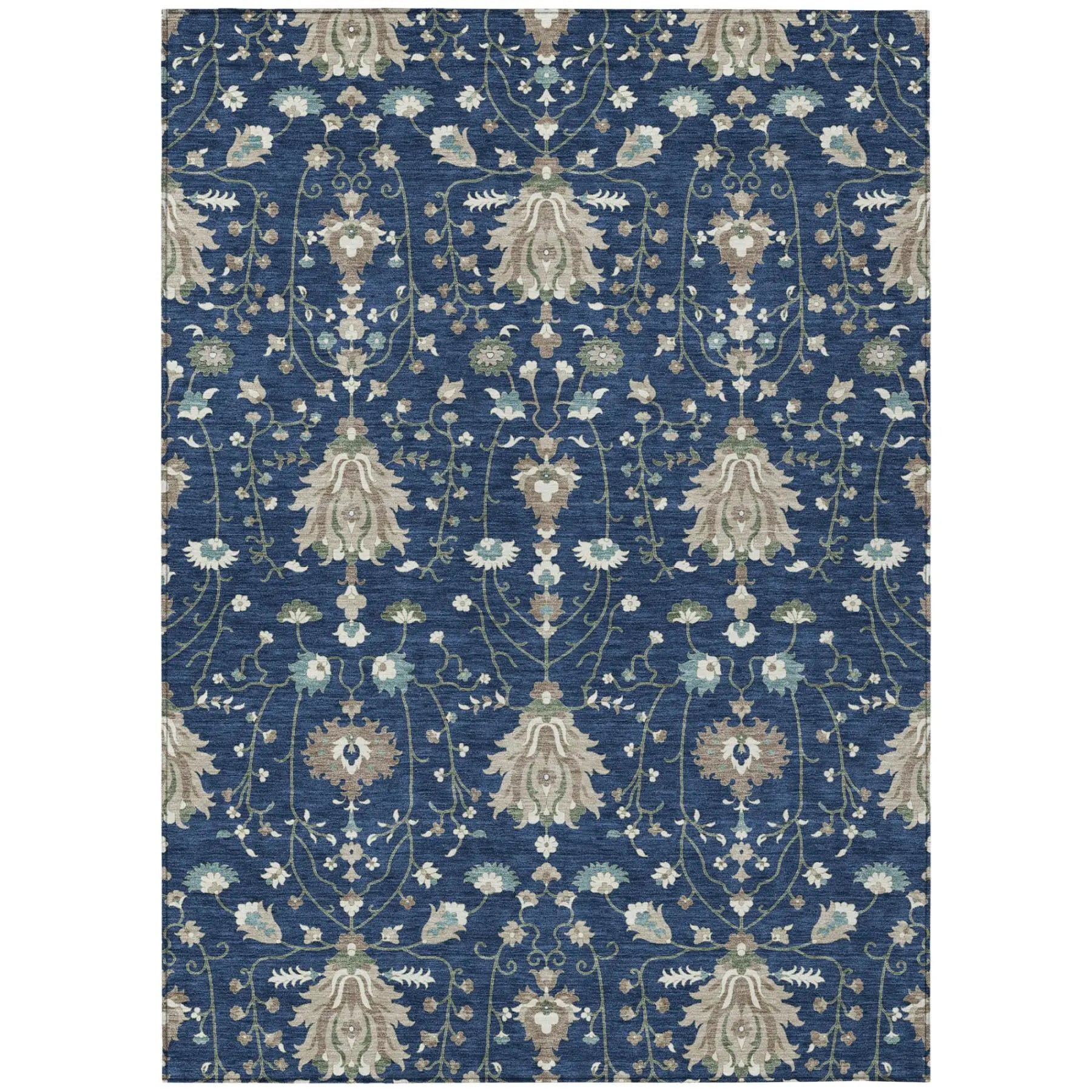 Navy blue floral area rug with intricate beige and muted green patterns, ideal for contemporary or traditional decor.