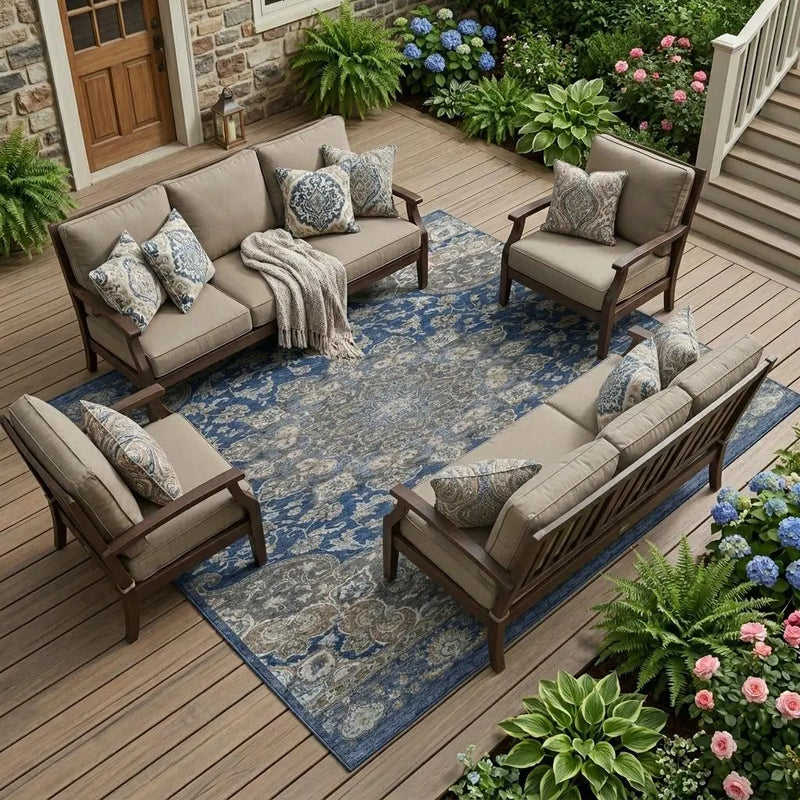 10' X 14' Navy Blue And Blue Oriental Washable Indoor Outdoor Area Rug Homeroots Outdoor