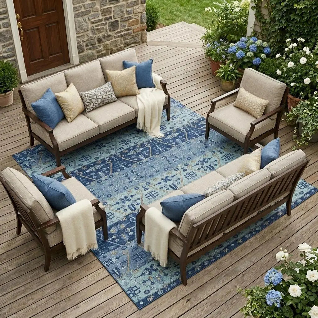 10' X 14' Navy Blue And Blue Oriental Washable Indoor Outdoor Area Rug Homeroots Outdoor