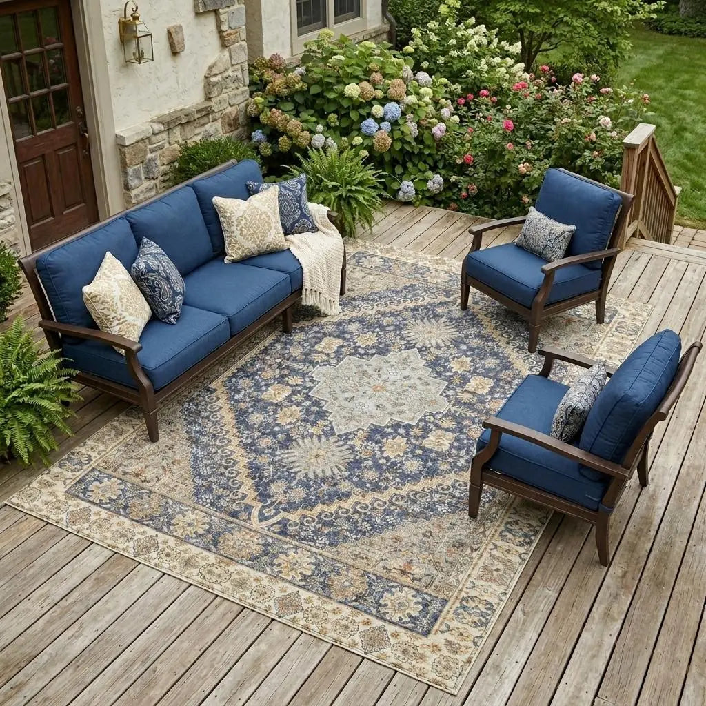 10' X 14' Navy Blue And Blue Oriental Washable Indoor Outdoor Area Rug Homeroots Outdoor