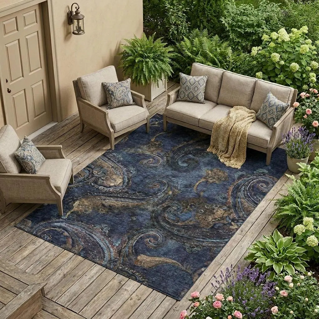 10' X 14' Navy Blue And Blue Paisley Washable Indoor Outdoor Area Rug Homeroots Outdoor