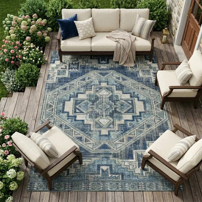 10' X 14' Navy Blue And Blue Southwestern Washable Indoor Outdoor Area Rug Homeroots Outdoor
