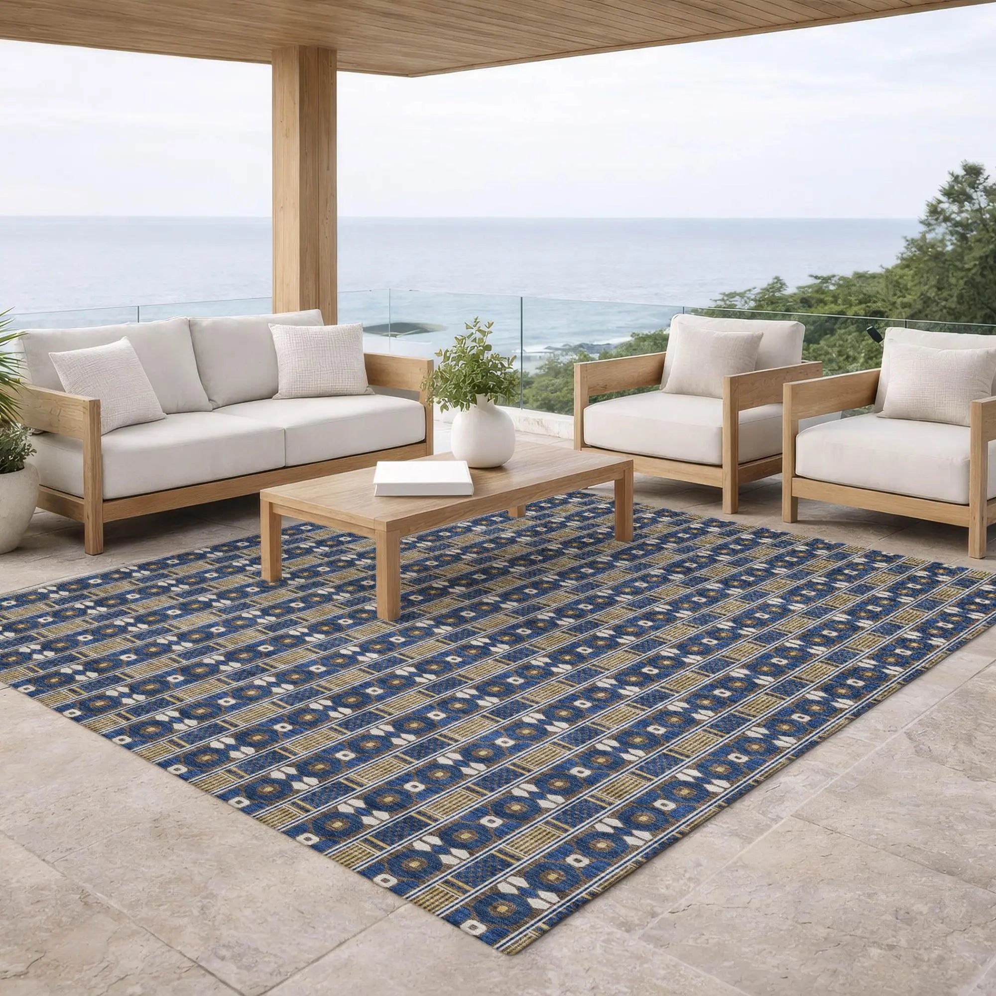 10' X 14' Navy Blue And Blue Striped Washable Indoor Outdoor Area Rug Homeroots Outdoor