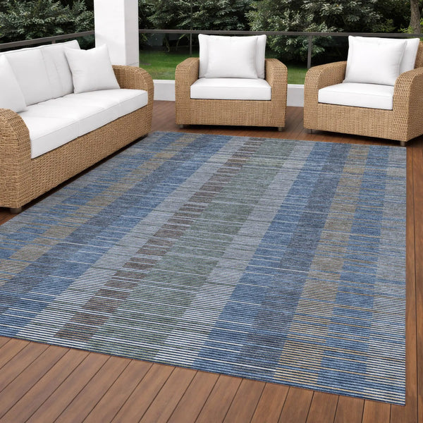 10' X 14' Navy Blue And Blue Striped Washable Indoor Outdoor Area Rug Homeroots Outdoor