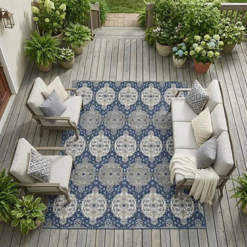 10' X 14' Navy Blue And Blue Striped Washable Indoor Outdoor Area Rug Homeroots Outdoor