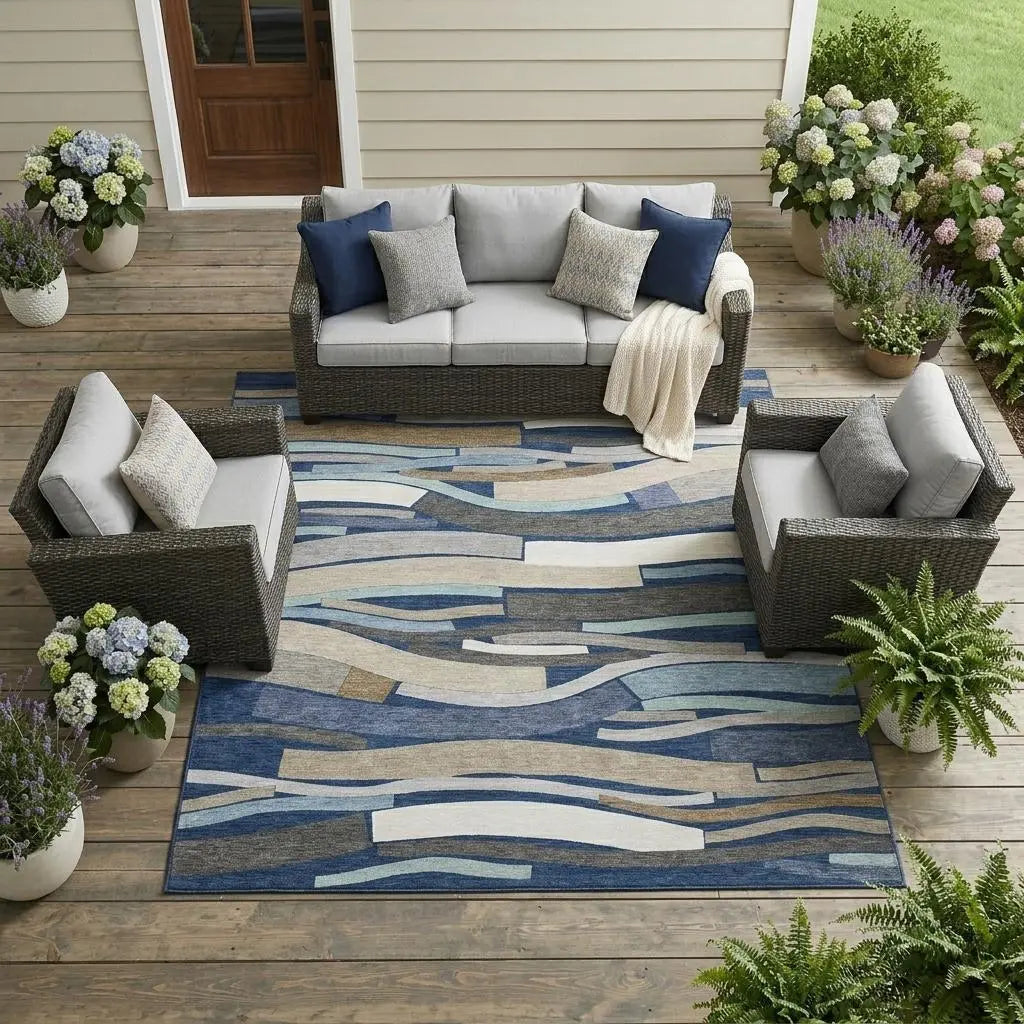 10' X 14' Navy Blue And Blue Striped Washable Indoor Outdoor Area Rug Homeroots Outdoor