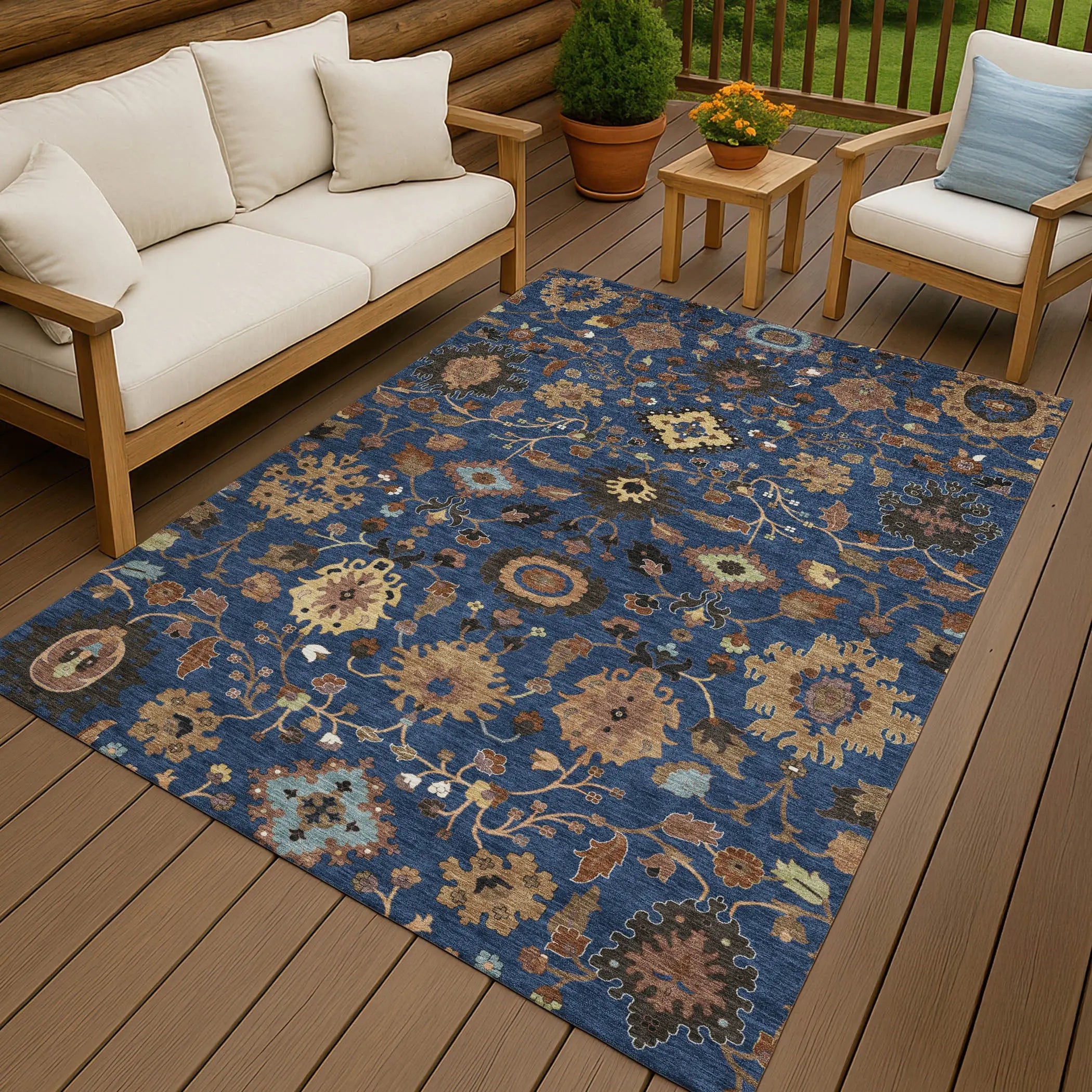 10' X 14' Navy Blue And Copper Floral Medallion Washable Indoor Outdoor Area Rug Homeroots Outdoor