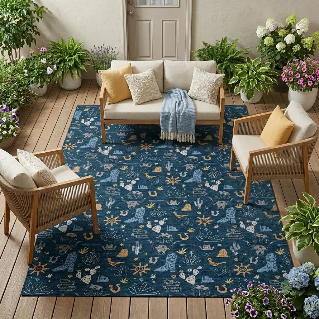 10' X 14' Navy Blue And Denim Blue Cactus Washable Indoor Outdoor Area Rug Homeroots Outdoor