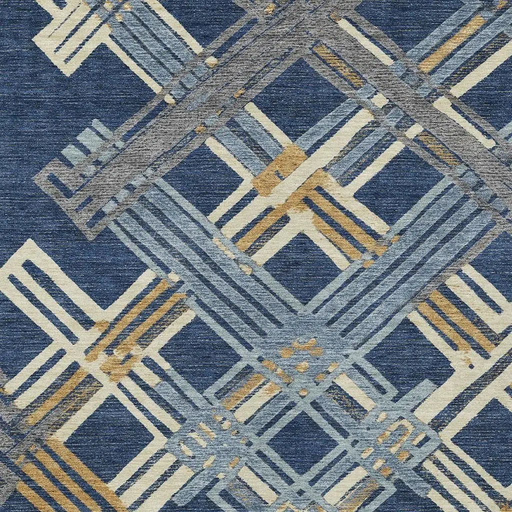 10' X 14' Navy Blue And Denim Blue Geometric Washable Indoor Outdoor Area Rug Homeroots Outdoor