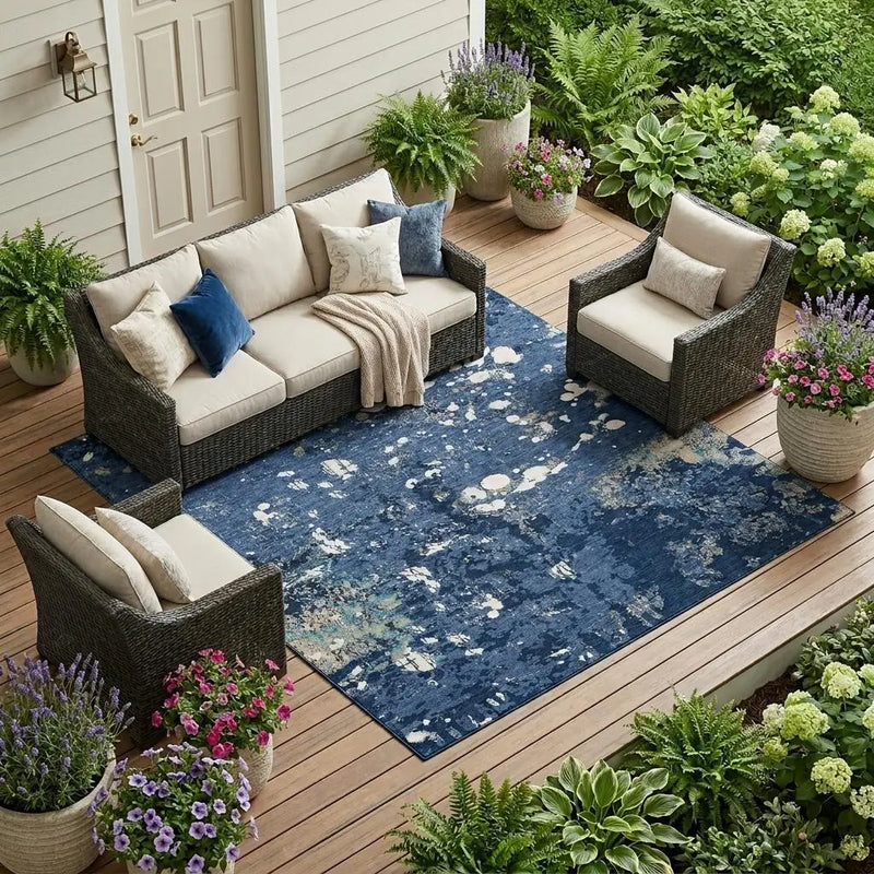 10' X 14' Navy Blue And Fern Green Abstract Washable Indoor Outdoor Area Rug Homeroots Outdoor