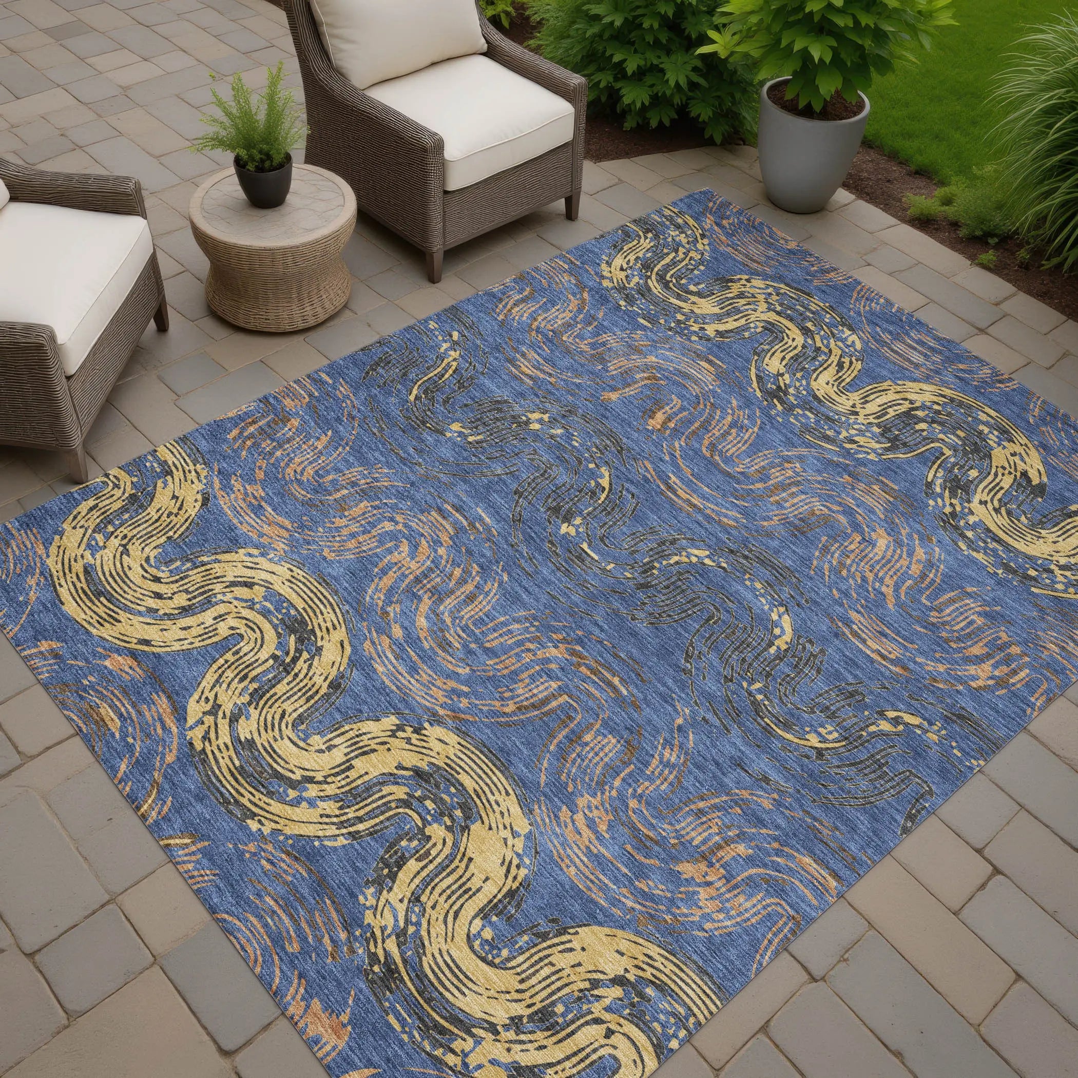 10' X 14' Navy Blue And Gold Abstract Washable Indoor Outdoor Area Rug Homeroots Outdoor