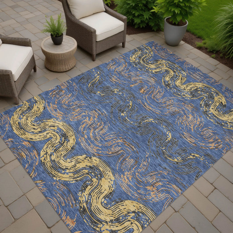 10' X 14' Navy Blue And Gold Abstract Washable Indoor Outdoor Area Rug Homeroots Outdoor