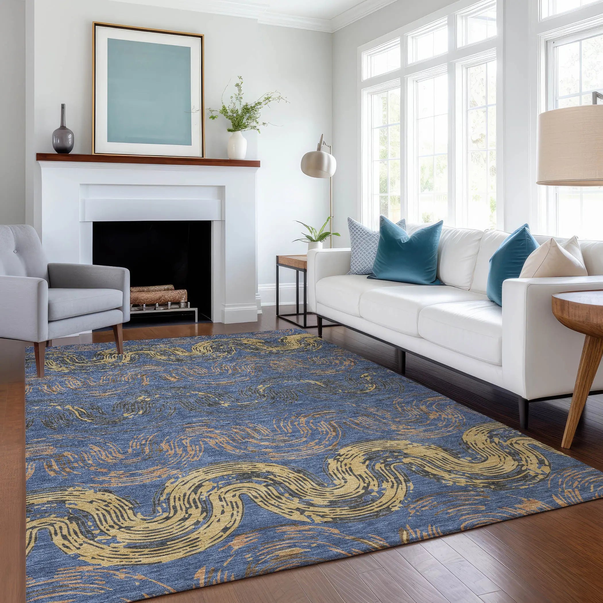 10' X 14' Navy Blue And Gold Abstract Washable Indoor Outdoor Area Rug Homeroots Outdoor