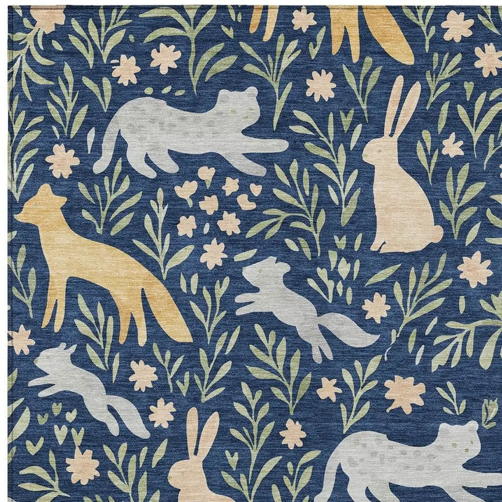 10' X 14' Navy Blue And Gold Botanical Leaves Washable Indoor Outdoor Area Rug Homeroots Outdoor
