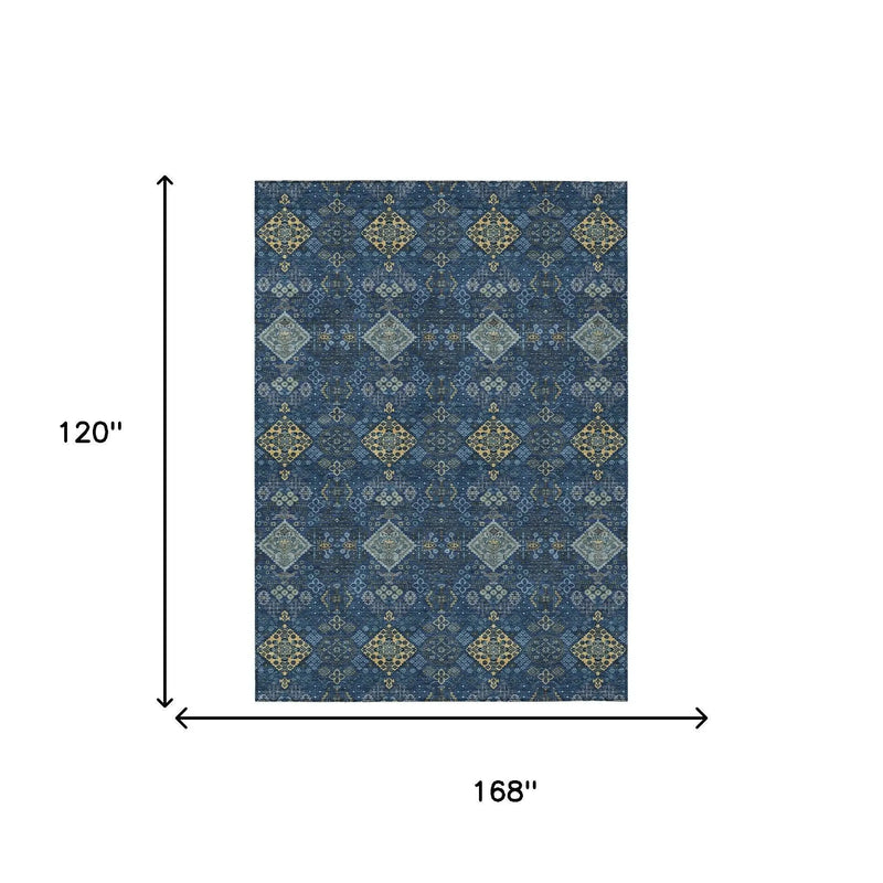 10' X 14' Navy Blue And Gold Geometric Washable Indoor Outdoor Area Rug Homeroots Outdoor