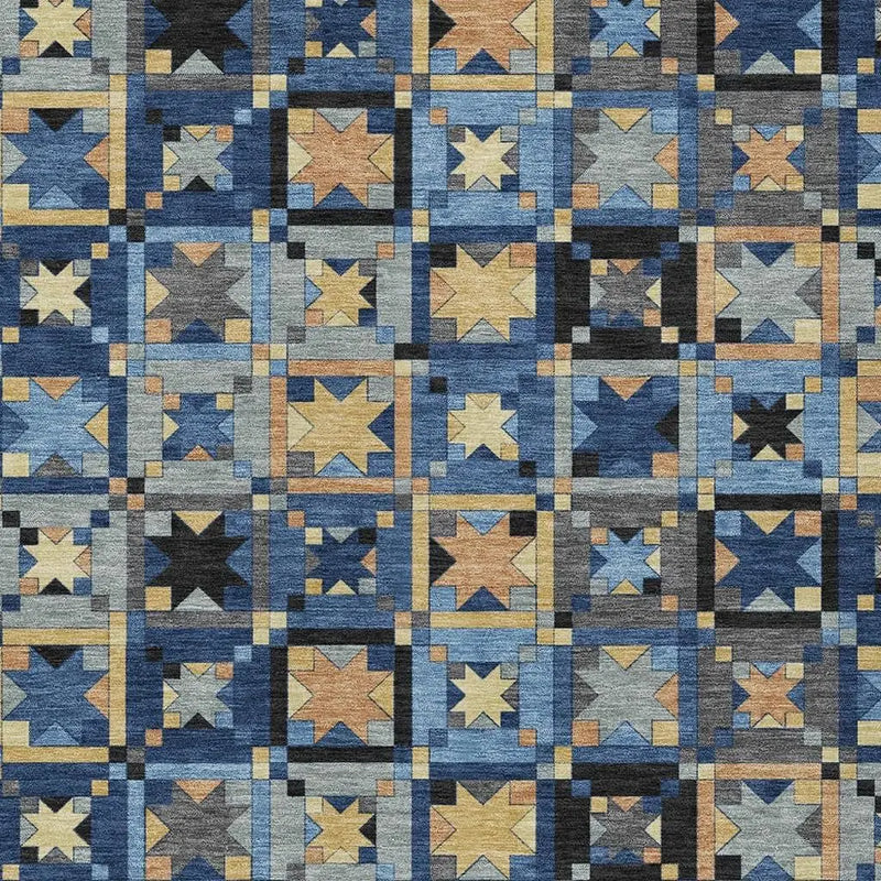 10' X 14' Navy Blue And Gold Patchwork Washable Indoor Outdoor Area Rug Homeroots Outdoor