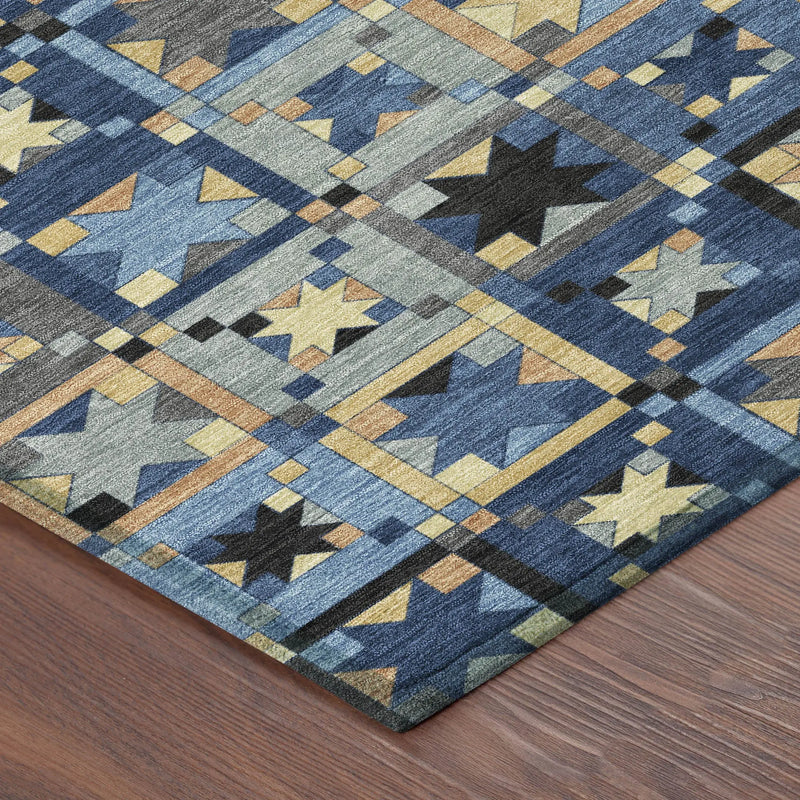 10' X 14' Navy Blue And Gold Patchwork Washable Indoor Outdoor Area Rug Homeroots Outdoor