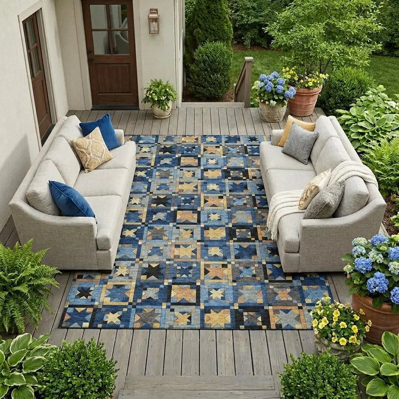 10' X 14' Navy Blue And Gold Patchwork Washable Indoor Outdoor Area Rug Homeroots Outdoor