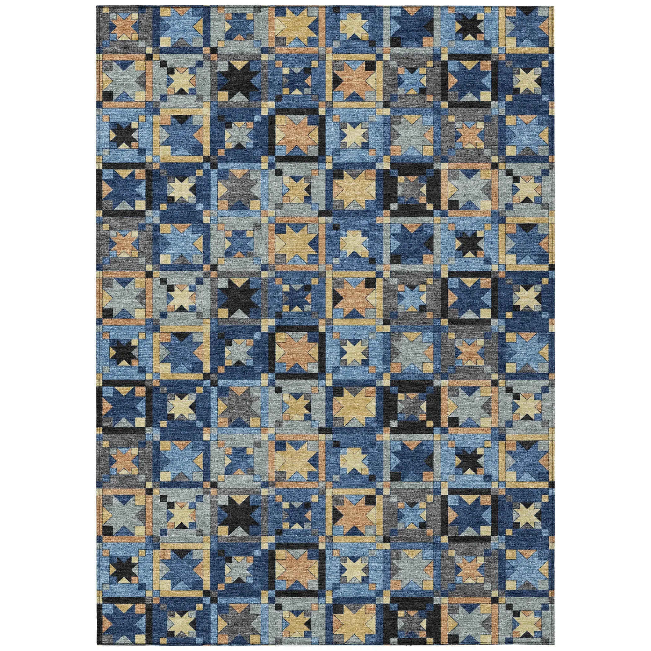 10' X 14' Navy Blue And Gold Patchwork Washable Indoor Outdoor Area Rug Homeroots Outdoor