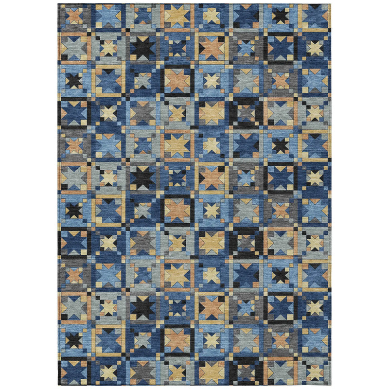 10' X 14' Navy Blue And Gold Patchwork Washable Indoor Outdoor Area Rug Homeroots Outdoor