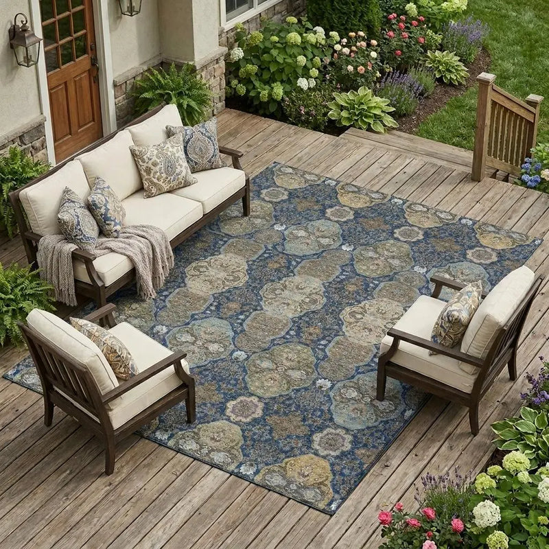 10' X 14' Navy Blue And Gray Floral Washable Indoor Outdoor Area Rug Homeroots Outdoor