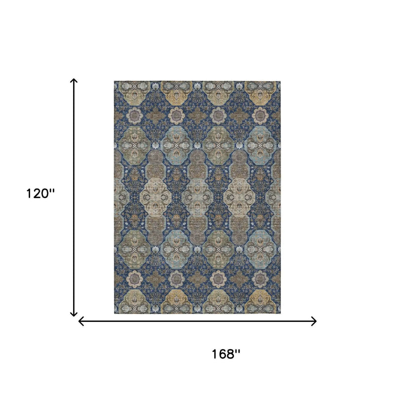 10' X 14' Navy Blue And Gray Floral Washable Indoor Outdoor Area Rug Homeroots Outdoor
