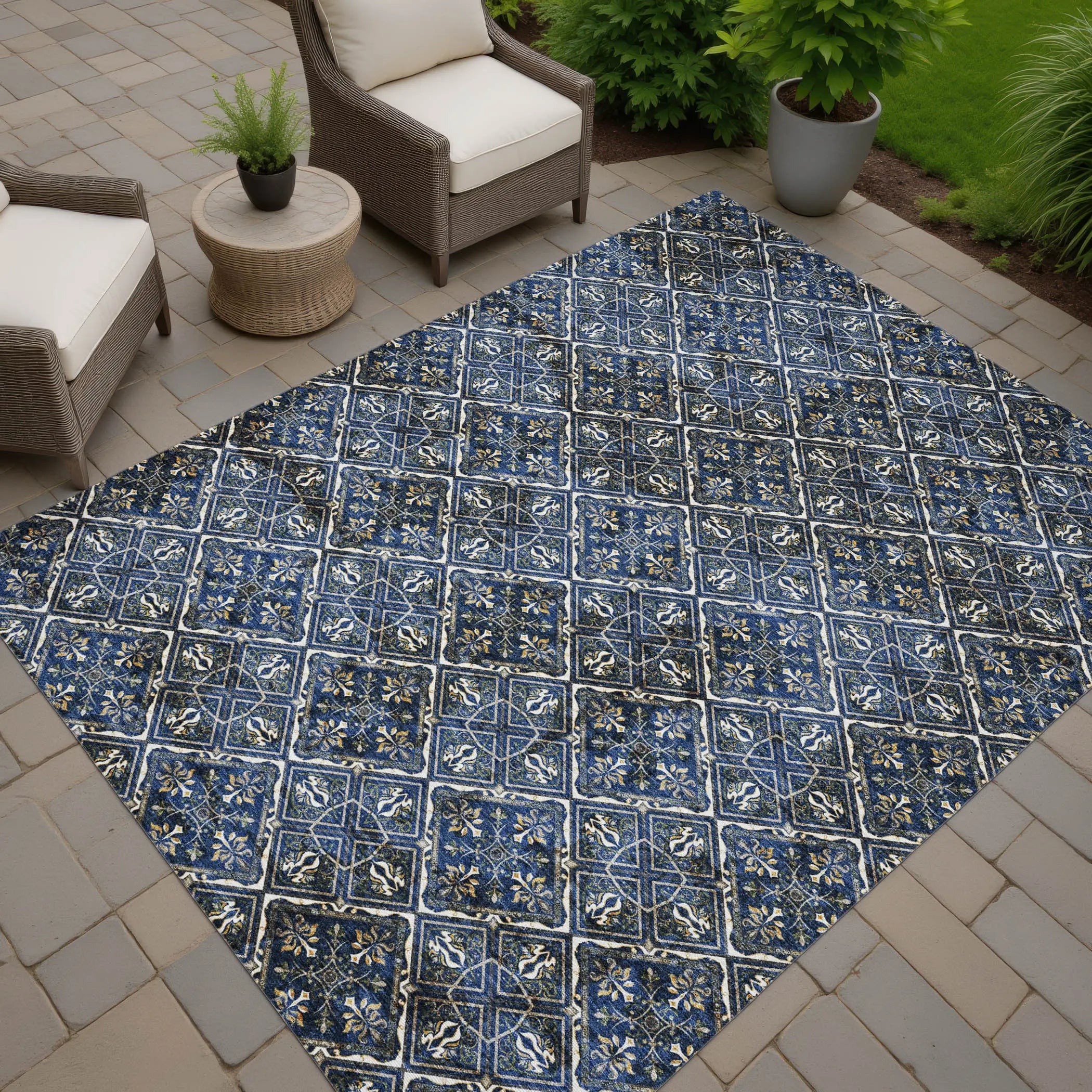 10' X 14' Navy Blue And Gray Geometric Washable Indoor Outdoor Area Rug Homeroots Outdoor