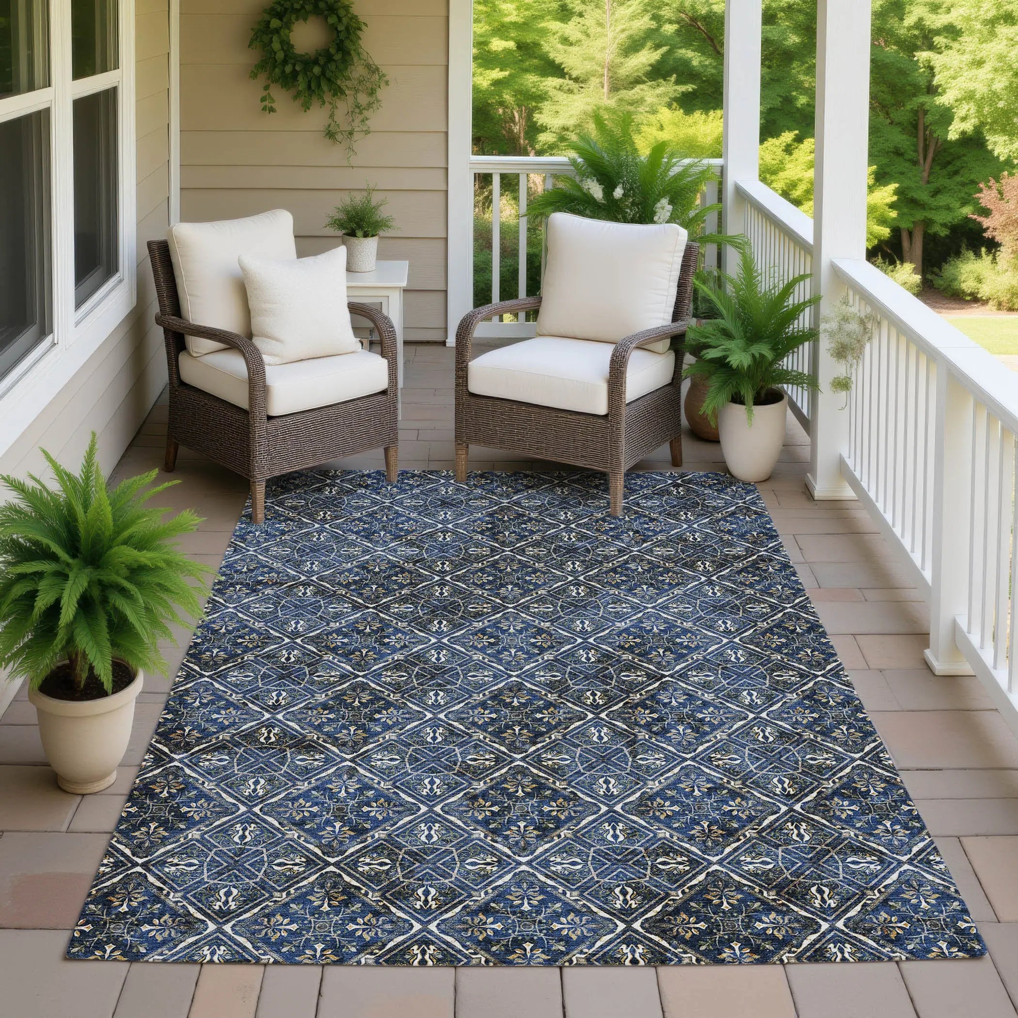 10' X 14' Navy Blue And Gray Geometric Washable Indoor Outdoor Area Rug Homeroots Outdoor