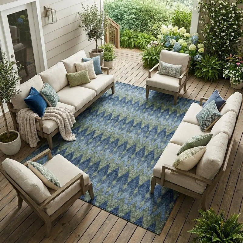 10' X 14' Navy Blue And Green Geometric Washable Indoor Outdoor Area Rug Homeroots Outdoor