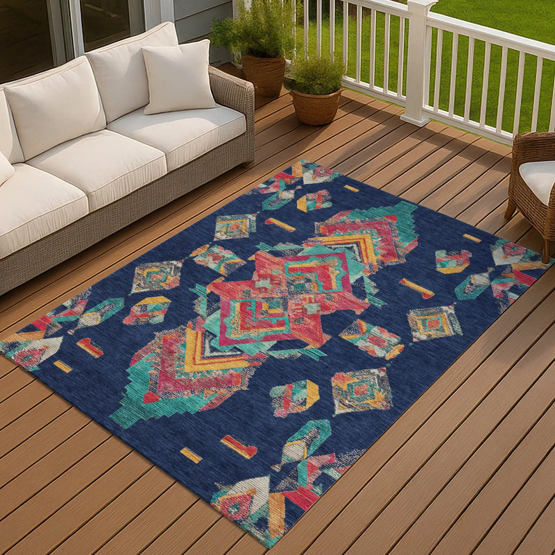 10' X 14' Navy Blue And Green Tribal Washable Indoor Outdoor Area Rug Homeroots Outdoor