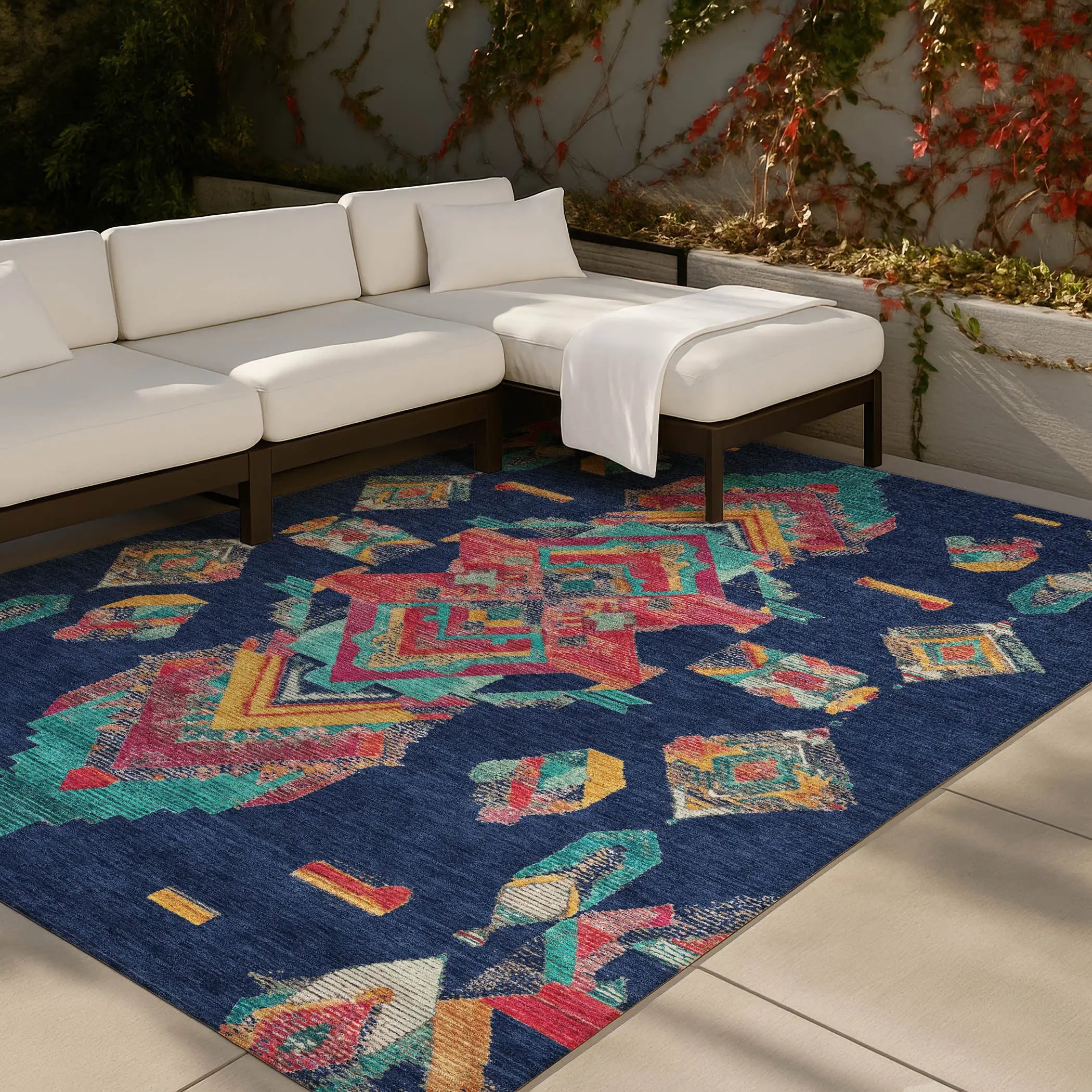 10' X 14' Navy Blue And Green Tribal Washable Indoor Outdoor Area Rug Homeroots Outdoor