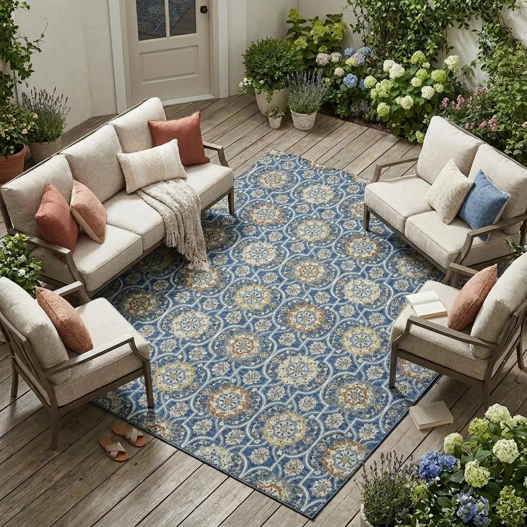 10' X 14' Navy Blue And Ivory Floral Medallion Washable Indoor Outdoor Area Rug Homeroots Outdoor