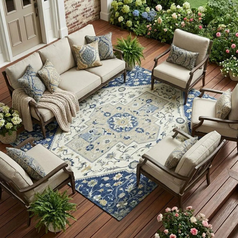 10' X 14' Navy Blue And Ivory Floral Medallion Washable Indoor Outdoor Area Rug Homeroots Outdoor