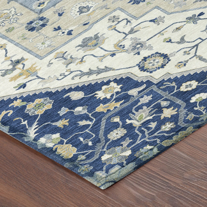 10' X 14' Navy Blue And Ivory Floral Medallion Washable Indoor Outdoor Area Rug Homeroots Outdoor