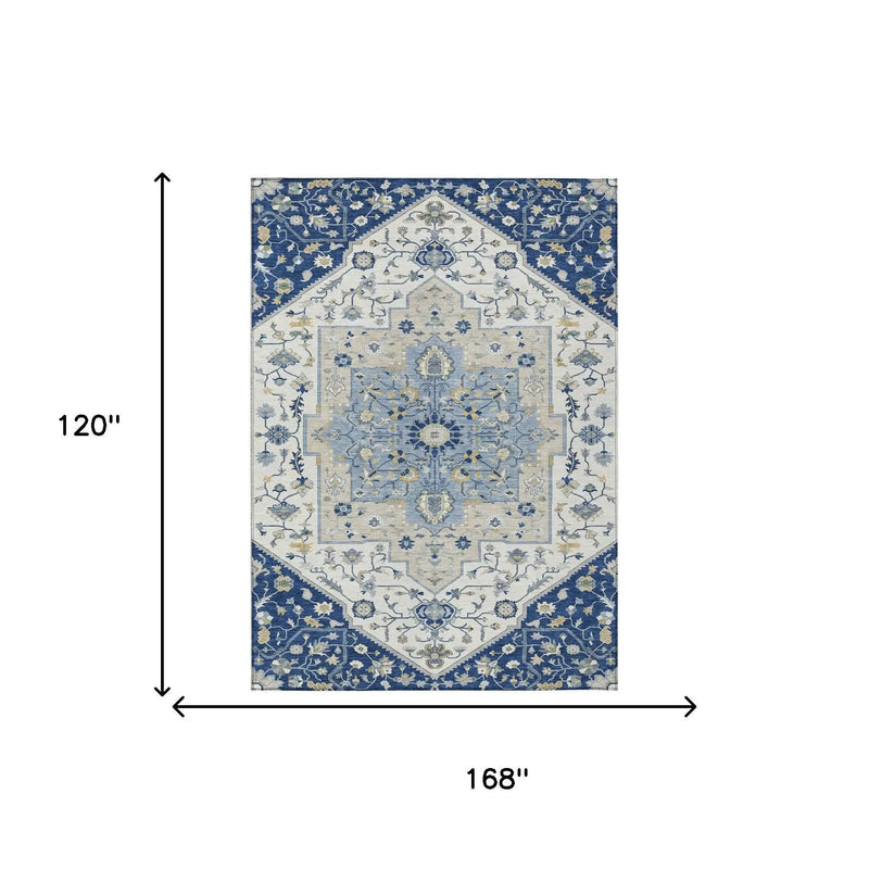 10' X 14' Navy Blue And Ivory Floral Medallion Washable Indoor Outdoor Area Rug Homeroots Outdoor