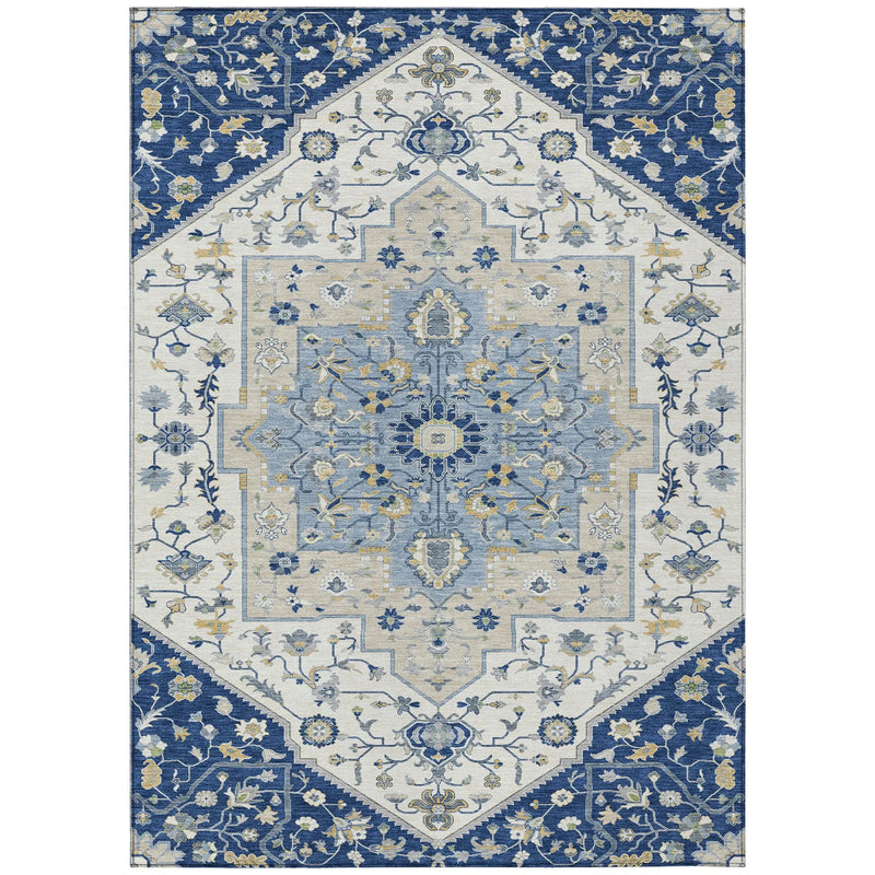 10' X 14' Navy Blue And Ivory Floral Medallion Washable Indoor Outdoor Area Rug Homeroots Outdoor